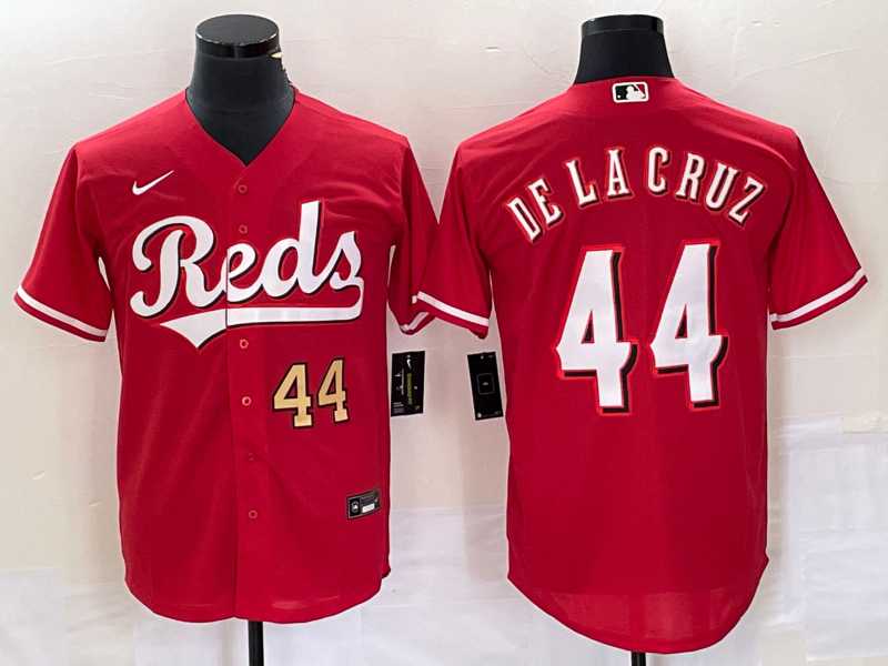 Men%27s Cincinnati Reds #44 Elly De La Cruz Number Red Cool Base Stitched Baseball Jersey